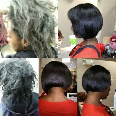 Relaxer, braidless sew-in, cut, flatiron Call 7027697077 for appointment