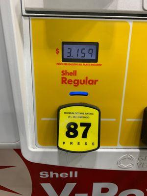 $3.16 per gallon 87 octane debit or credit. December 6, 2020