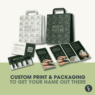 Custom Print and packaging to Get Your Name Out there, from brochures to business cards, gift bags, and more.