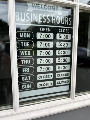 Hours posted on door as of 09/25/22.