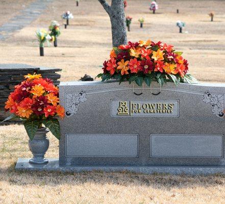 Sunrise Orange and Burgundy Dahlias- Cemetery Bouquet & Saddle.