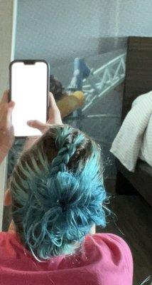 The before result of my color transformation, a brighter blue with about 4 inches of root outgrowth.