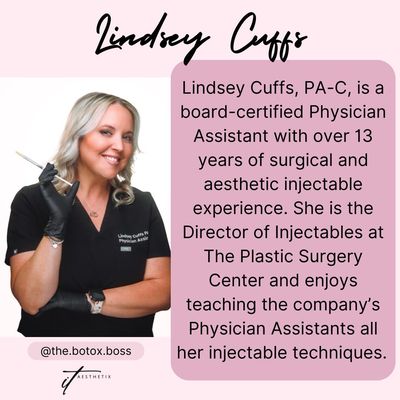 Meet our fearless leader and Director of Injectables, Lindsey! 

Lindsey Cuffs, PA-C, is a board-certified physician assista...