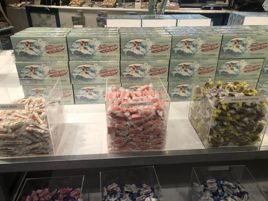 Different flavors of taffy to buy by the pound.