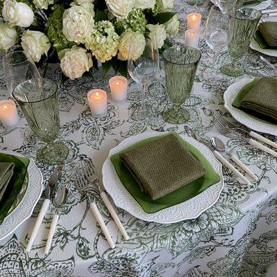 Green Ashley Tablecloth shown with Avocado Sedona Napkins