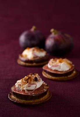 Sliced fig, chevre, toasted hazelnuts, on roasted Shiitake mushroom