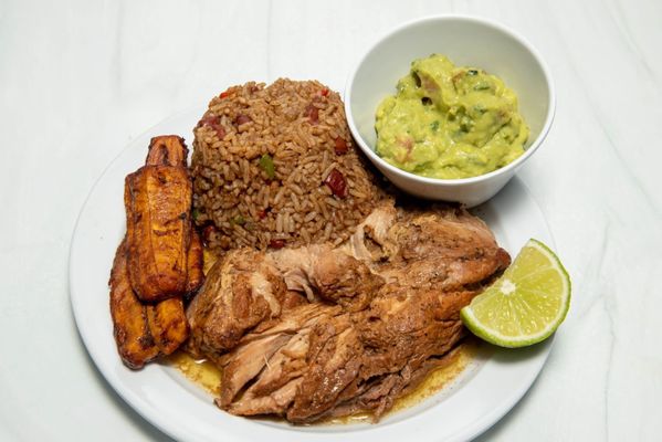 Pernil rice and beans Sweet Plantain and guacamole