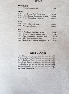 Beer, Cider & Wine Menu