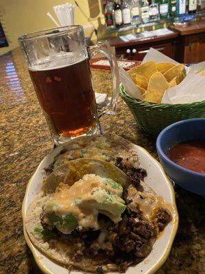 Surf and tuff tacos with steak, shrimp, avocado and cheese.