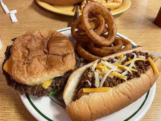 Chili dog, cheeseburger, onion rings