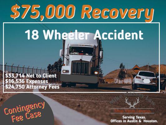 $75,000 recovered for auto accident involving 18 wheeler in Houston, Texas.