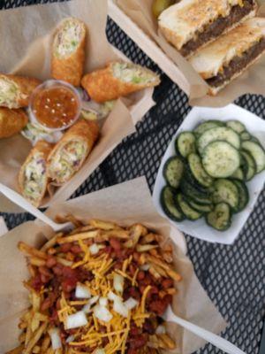 Asian eggrolls, chili fries, cucumbers