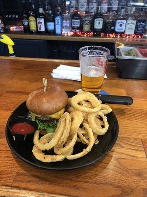 Cheeseburger and onion rings