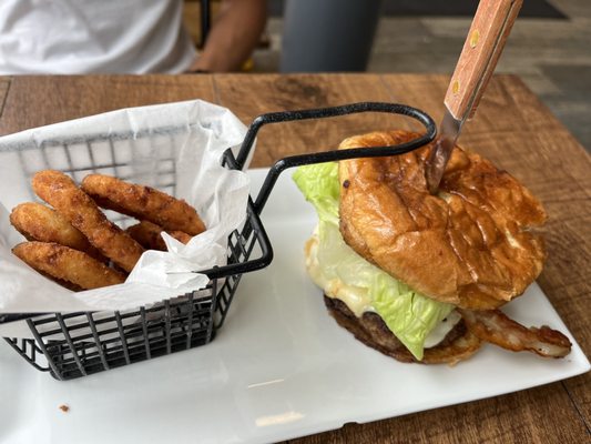 Bacon burger and onion rings