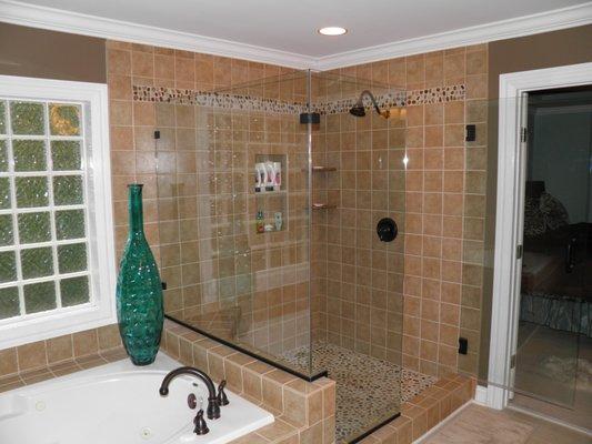 Bathroom tile remodel with with pebble floor