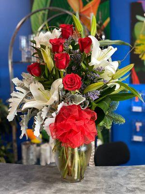 White Lilies and red roses