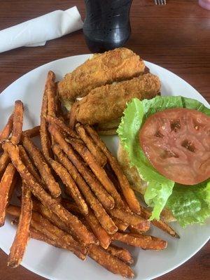 Chicken Sandwich and side of sweet potato fries. First glance I was disappointed till I tasted it. Its delicious.