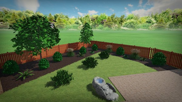 3D drawing of paver patio, natural grass, plants, waterfall