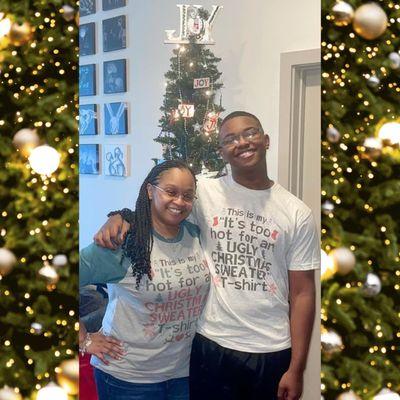 My son & I's Ugly Christmas Sweater but in a  Tshirt for 2021 90degrees Christmas Day!