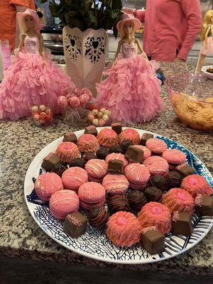 Macarons, chocolate raspberry truffles, chocolate covered marshmallows