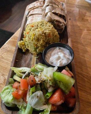 That platter with rice and salad