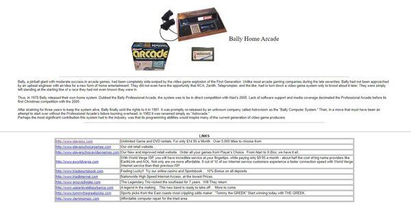 Bally Home Arcade web page from Player's Choice website.