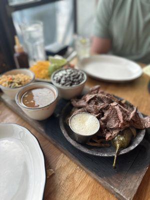 Beef fajitas with churro and black beans