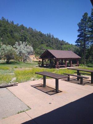 Picnic benches with shade