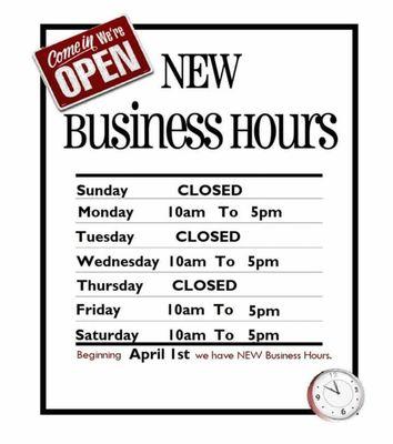 New hours starting April 1st 2018