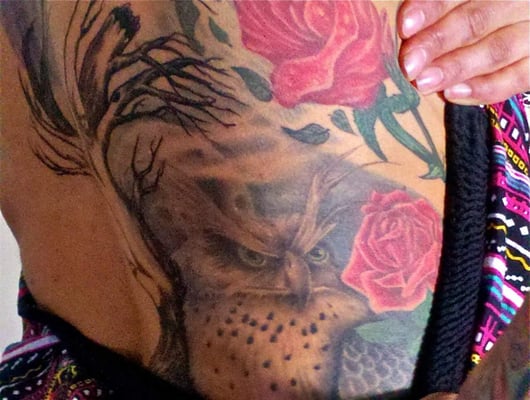 Owl and Roses rib/back piece by Wayne Morel