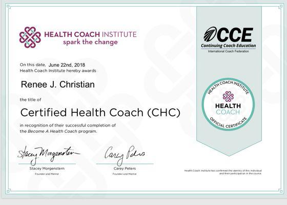 My official certification as a health  coach