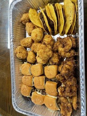 Sample of foods for a party. All bite sized finger foods. Toppings and sides not shown.