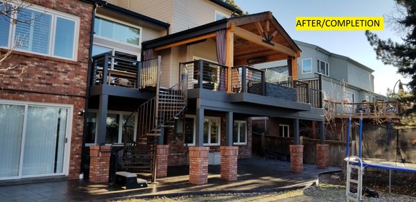 Timber Tech deck, custom built horizontal iron rails & spiral stair.  Hybrid timber frame patio cover with lights & 220V overhead heaters.