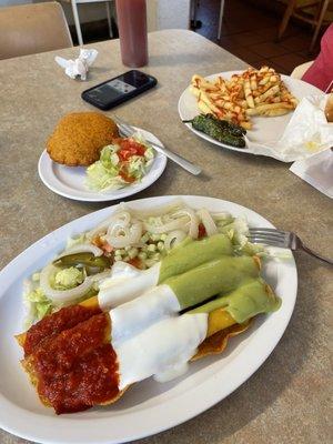 Assorted flautas, gordita de maíz, loaded hamburger