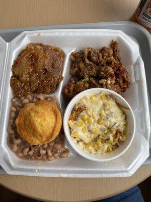 Meatloaf, black eyed peas, corn casserole, caramel cobbler.