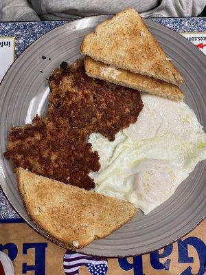 Hot sausage, eggs, and toast