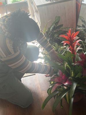 Examining my plants. She helped me grow my flowers .