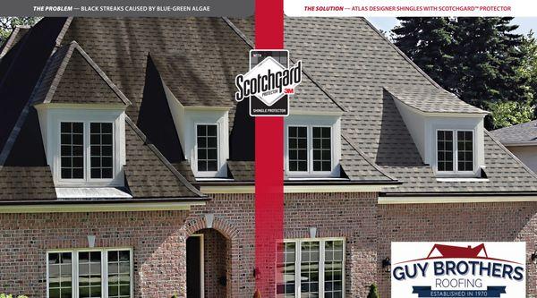 SEE THE ATLAS DIFFERENCE!!!! Don't let black streaks caused by algae ruin your curb appeal.  Pinnacle Pristine shingles with 3M Scotchgard!