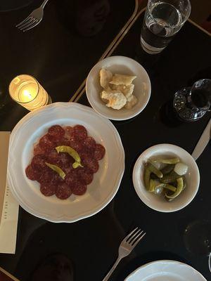 Wagyu beef salami + peppers, fancy parm chunks, gherkins + peppers