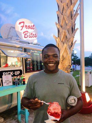 Strawberry and cream shave ice with vanilla ice cream on the bottom!