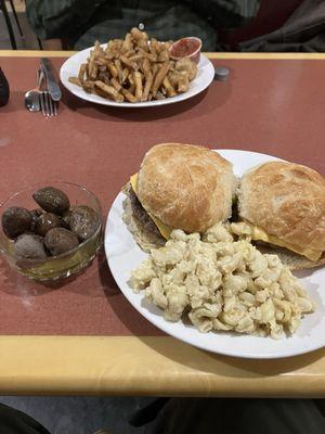 Burgers, homemade mac & cheese, salt potatoes, fried shrimp & fries