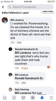 The owner Ronald commenting his racist opinion