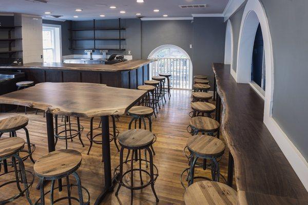 live edge walnut bar and table tops at Middleburg Oyster Bar