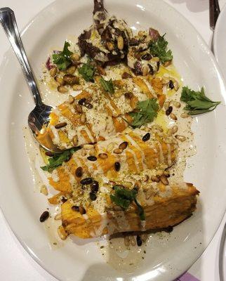 Roasted sweet potatoes and red onions,zaata'r,pine nut,tahina