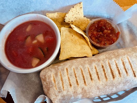 Take 2: Gazpacho and a small sweet potato burrito, chips and homemade salsa