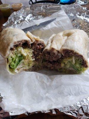 Inside ground beef burrito.