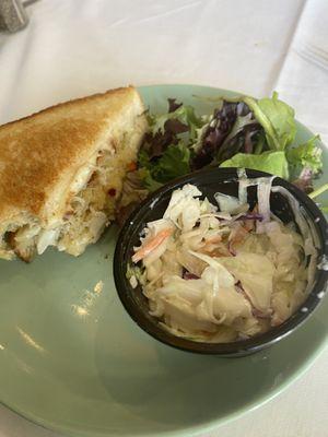 Crab cake grilled cheese with coleslaw