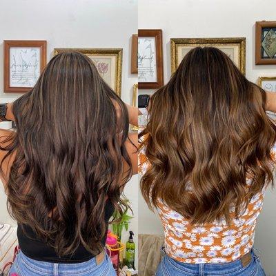 Left: First Session , Right: Second Session- Goal Blonde Balayage (Color Correction)