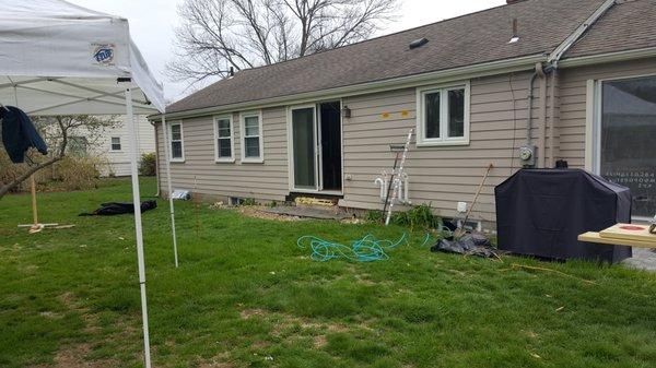 Designed / installed - 16' wide x 12' deep "floating" deck. 2x12 PT framing with continues step with planters, Douglas Fur deck, pre-stained