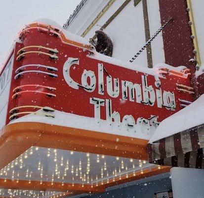 Snowy Columbia Theatre, perfect day for a movie